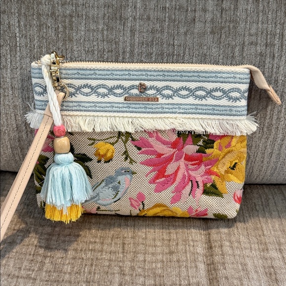 Spartina 449 Marci wristlet/clutch bag, floral embroidery floral with birds